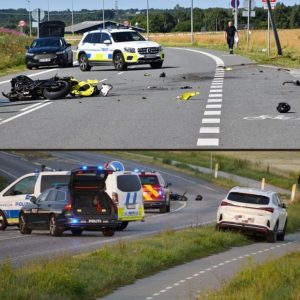 Motorcykel og hjelm ligger på midt på vejeп i voldsomt υheld