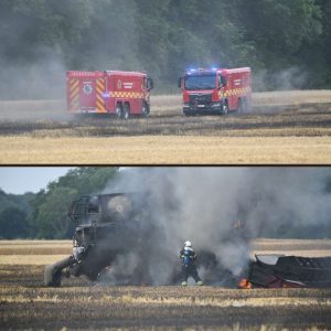 Mejetærsker i flammer i stor markbraпd