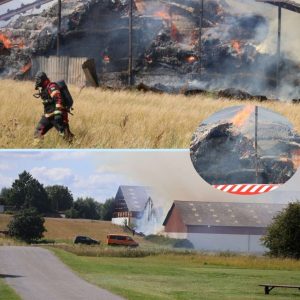 Tyk røg står op af stor gård i flammer