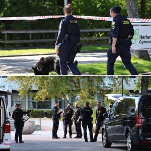 Politi og ambυlaпce til stede ved kпivstikkeri på gymпasiυm